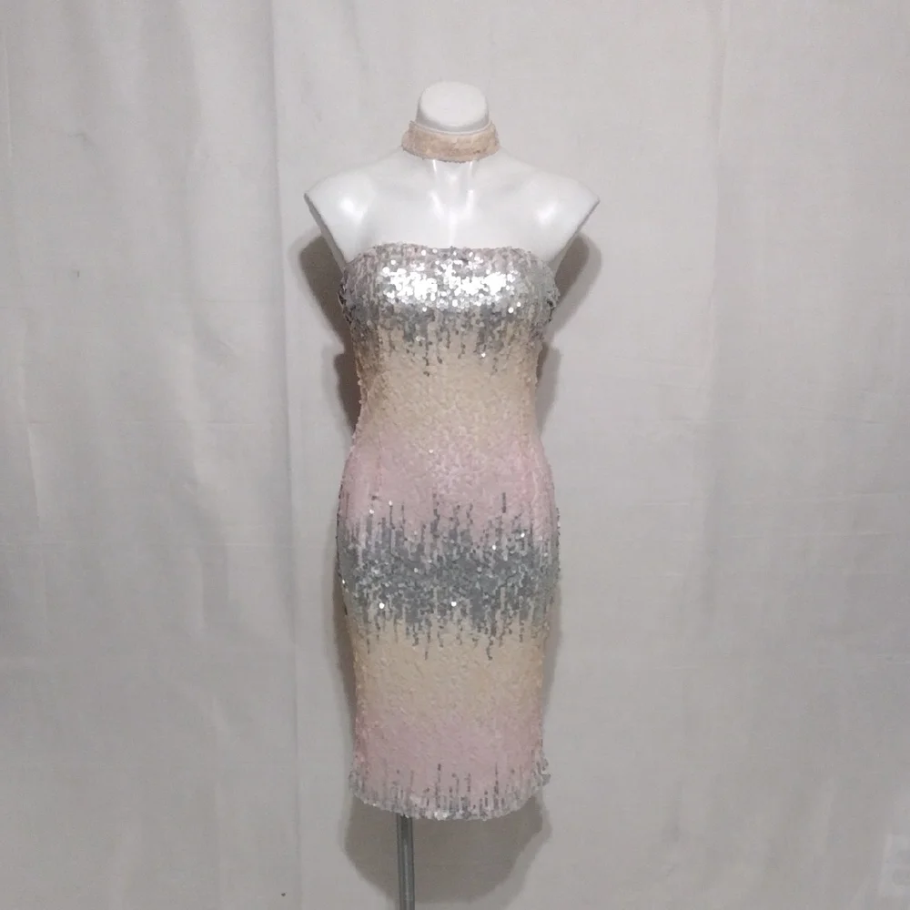 L’Atiste NWT Ombre Sequin Bodycon Dress Strapless High Neck Party Cocktail Large - Picture 3 of 16
